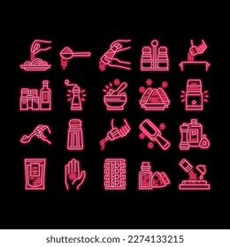 Spice Condiment Herb neon light sign vector. Salt And Pepper For Flavoring Meal In Kitchen Utensil. Spice On Spoon And Palm Illustrations