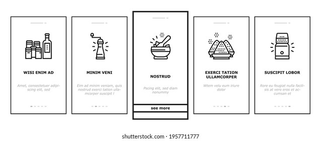 Spice Condiment Herb Onboarding Mobile App Page Screen Vector. Salt And Pepper For Flavoring Meal In Kitchen Utensil. Spice On Spoon And Palm Illustrations