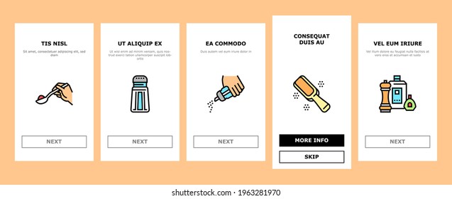 Spice Condiment Herb Onboarding Mobile App Page Screen Vector. Salt And Pepper For Flavoring Meal In Kitchen Utensil. Spice On Spoon And Palm Illustrations
