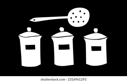 Spice containers. Three vector images. Salt, pepper, soda, sugar. Banks with lids. Hand drawing, flat, art. White on black. Homemade food, kitchen utensils. Eps10