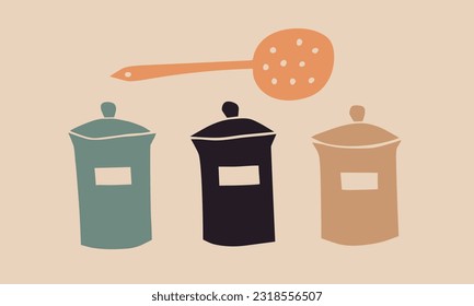 Spice containers. Vector images. Salt, pepper, soda, sugar. Banks with lids. Hand drawing, flat, art, sketch. Beige, brown. Cooking, kitchen, utensils. Eps10