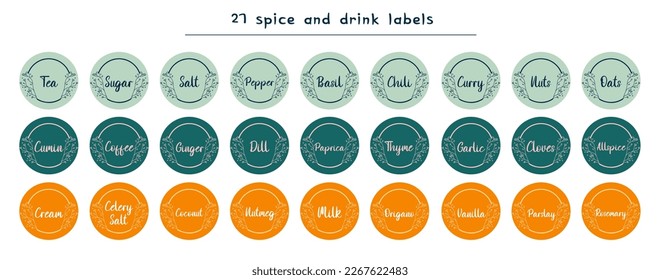 Spice and drink labels for the organizer jars. Seasoning stickers for the pantry. Stickers for marking kitchen food containers. Kitchen organization.