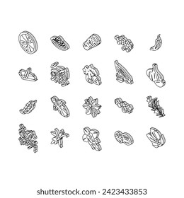 spice food herb leaf isometric icons set. ginger vanilla, seasoning cinnamon, garlic salt, pepper kitchen mint, indian spice food herb leaf color line