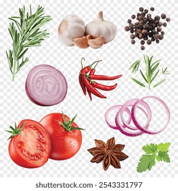 Especiarias. Especiarias frescas com alho, cebola, pimenta caiena, alecrim, tomate e pimentas. Cozinhar alimentos ingredientes naturais de especiarias orgânicas. Isolado no vetor de plano de fundo transparente.