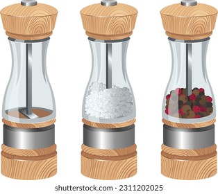 Molino de especias. Caja de pimienta vacía y llena. Utensilios de cocina aislados en blanco.