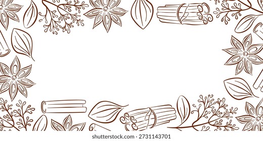 Marco de especias y hierbas con palo de canela, anís estrellado y hojas. Borde de estilo de arte de línea para empaquetado, diseño de menú, tarjetas de receta y fondo natural.