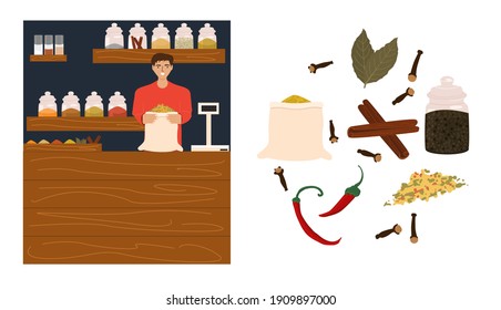 Spice and herb shop with seller, set with cinnamon, paprika, bay leaf, cloves, vector illustration in flat style