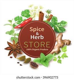 Spice and herb store background. Vector illustration.