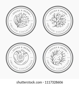 Spice And Herb Vintage Label Collection. Black And White Round Sticker Templates For Packaging Design. Fresh Local Organic Collection - Logo In Trendy Linear Style