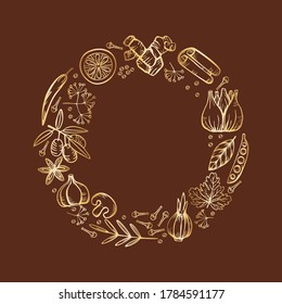 Spice herbs for delicious cooking. Isolated golden vector round frame on brown background. Stylized hand drawing.