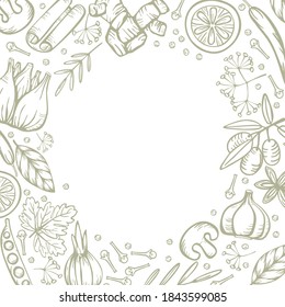 Spice herbs for delicious and healthy cooking.   Vector round border on white background. Stylized hand drawing.