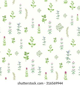 Spice herbs seamless background. Repeatable textile or web pattern with various aromatic plants. Dill, basil, oregano, hyssop, parsley, savory and rosemary on light background. Vector file is EPS8.