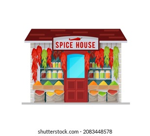 Spice house shop building, seasonings and herbs. Vector asian bazaar stall with cartoon condiment jars, dried plants. Traditional oriental market, store with exotic herbs isolated on white