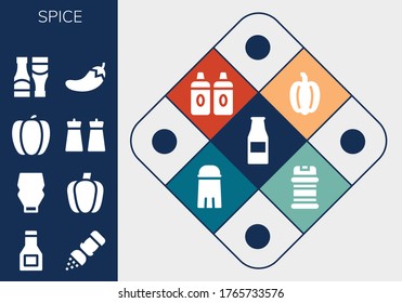 spice icon set. 13 filled spice icons. Included Ketchup bottle, Sauce, Salt, Mayonnaise, Paprika, Pepper, Sauces, Chili, Condiments icons