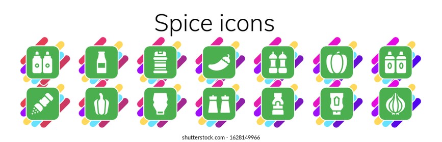 spice icon set. 14 filled spice icons. Included Sauces, Salt, Ketchup bottle, Pepper, Condiments, Mayonnaise, Mustard, Ketchup, Onion icons