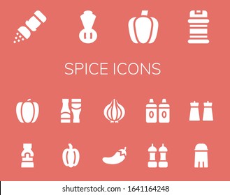 spice icon set. 14 filled spice icons.  Simple modern icons such as: Salt, Chives, Paprika, Condiments, Mustard, Pepper, Sauces, Chili, Onion