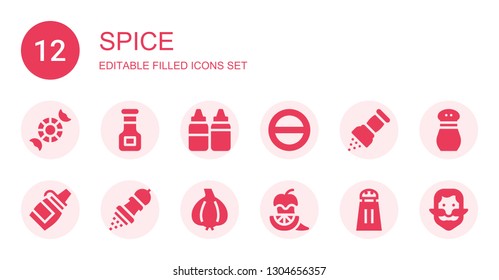 spice icon set. Collection of 12 filled spice icons included Peppermint, Sauce, Sauces, Salt, Pepper, Garlic, Ginger