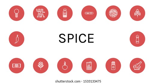 spice icon set. Collection of Celery, Salsa, Spices, Mint, Thai food, Parsley, Dill, Onion, Salty, Herb, Hot pepper, Pepper icons
