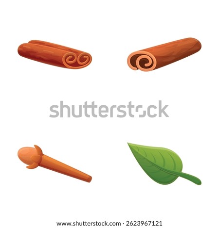 Spice icons set cartoon vector. Dried aromatic cinnamon stick and cloves. Spice ingredient, food aroma