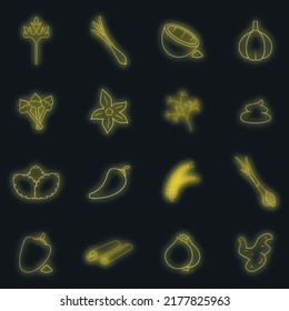 Spice icons set. Illustration of 16 spice vector icons neon color on black