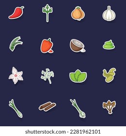 Spice icons set stikers collection vector with shadow on purple background
