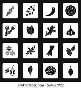 Spice icons set in white squares on black background simple style vector illustration