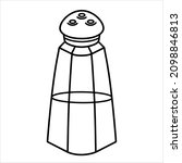 Spice jar - salt or pepper vector icon. Hand-drawn illustration isolated on white backdrop. A sketch of a glass salt shaker with holes for pouring out. Black outline, condiment bottle. Simple  clipart