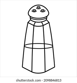 Spice jar - salt or pepper vector icon. Hand-drawn illustration isolated on white backdrop. A sketch of a glass salt shaker with holes for pouring out. Black outline, condiment bottle. Simple  clipart