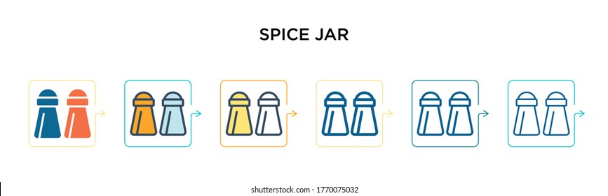 Icono vectorial de jarra de especias en 6 estilos modernos diferentes. Íconos negros, de dos frascos de especias de color, diseñados con un estilo relleno, contorno, línea y trazo. La ilustración vectorial se puede usar para web, móvil, ui