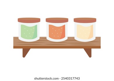 Spice jars rack. Bottles with seasoning powder. Ingredient, cooking, flavor concepts. Flat vector design isolated illustration.