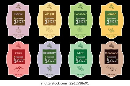 Spice Label Designs Garlic Ginger Coriander Label, Lemon Spice, Chili Spices, Rosemary, Mint Label, Cinnamon Spice Illustration Design. Hand Drawn Organic Herbs Label, Minimal Style Packaging Design