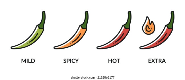 Spice level icons: mild, spicy, hot and extra. Symbol of chilli with fire. Chilli pepper level icons set.