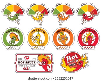 Spice level labels. Chili peppers heat indicators with mild, spicy, hot and extra levels, spicy sauce label with cartoon pepper mascot. isolated vector templates set.