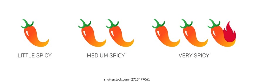Conjunto de iconos de etiquetas de nivel de especias. Pequeñas, Medianas, muy picantes marcas de pimienta para el menú de alimentos y embalaje. Paquete de Vector degradado.