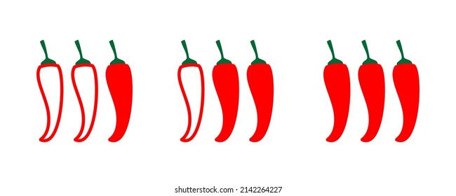 Spice level marks. Chili level meter icons set. Red hot chili pepper. Mild, spicy, hot, extra hot meter. Stock vector illustration isolated on white background.