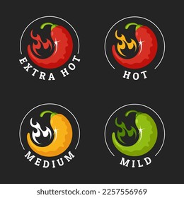 Spice level marks - extra, hot, medium, mild. Emblem of spicy hot red chili pepper with flame. Design element for labeling dishes, packaging, food. Vector illustration