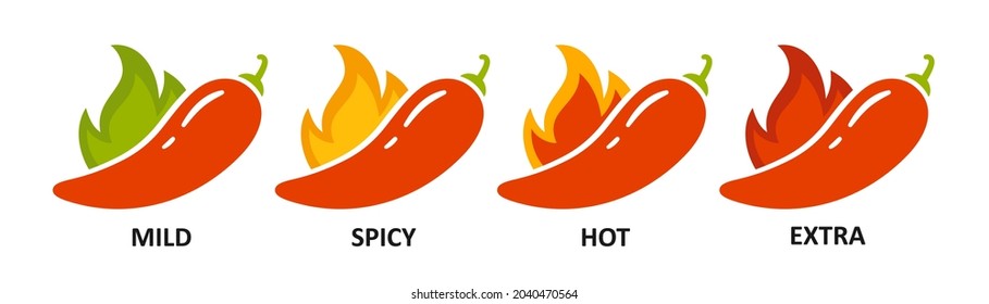 Spice level marks - mild, spicy, hot and extra. Green and red chili pepper. Symbol of pepper with fire. Chili level icons set. Vector illustration isolated on white background.