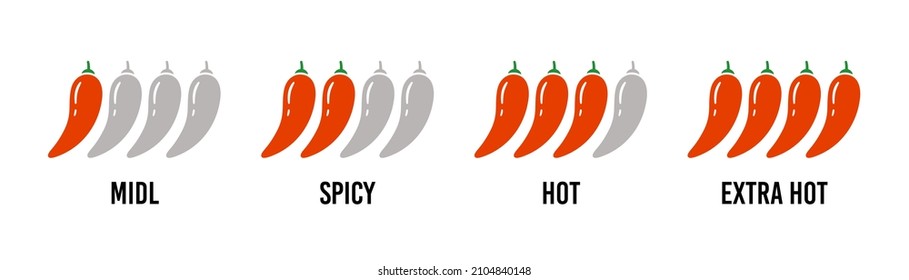 Spice level marks - mild, spicy, hot, extra hot. Red chili pepper. Spicy meter. Chili level icons set. Vector illustration isolated on white background.