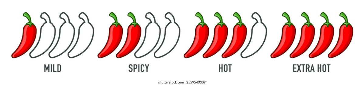 Spice level marks: mild, spicy, hot and extra hot. Symbol of pepper with fire. Vector spicy food mild and extra hot sauce, chili pepper red icons