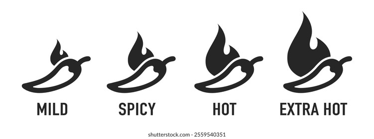 Spice level marks: mild, spicy, hot and extra hot. Symbol of pepper with fire. Vector spicy food mild and extra hot sauce, chili pepper red icons