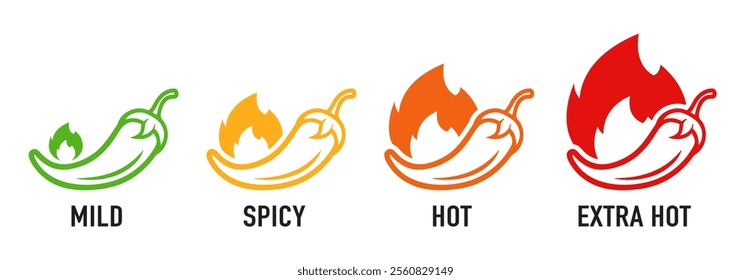 Spice level marks: mild, spicy, hot and extra hot. Symbol of pepper with fire. Vector spicy food mild and extra hot sauce, chili pepper red icons