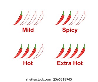 Spice level marks: mild, spicy, hot and extra hot Vector Illustration Isolated on White. Spicy Indicator Red Hot Chili Peppers.