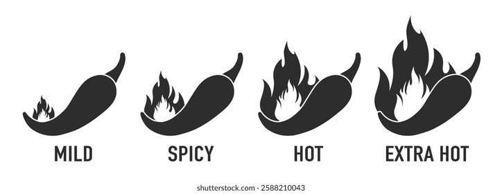 Spice level marks: mild, spicy, hot and extra hot. Symbol of pepper with fire. Vector spicy food mild and extra hot sauce, chili pepper red icons