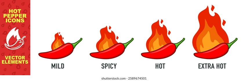 Spice level marks: mild, spicy, hot and extra hot. Symbol of pepper with fire. Vector spicy food mild and extra hot sauce, chili pepper red icons