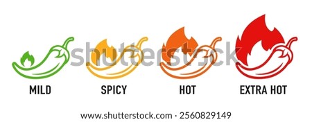 Spice level marks: mild, spicy, hot and extra hot. Symbol of pepper with fire. Vector spicy food mild and extra hot sauce, chili pepper red icons