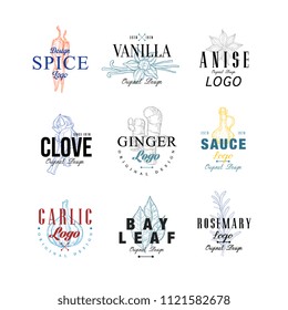 Spice logo design set, vanilla, anise, clove, ginger, soy sauce, bay leaf, garlic, rosemary badge can be used for culinary, cosmetics, menu, restaurant, shop, market vector Illustrations