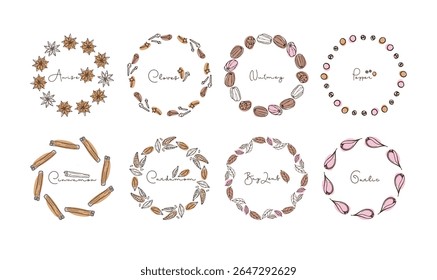 Spice Logo set. Sketch Doodle vector illustration isolated on white background. Spice kit tags, packaging, labels. Organic, natural flavor, eco friendly, kitchen spices. Flavor cooking ingredients.
