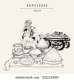 Spice market in Ahmedabad, Gujarat, India. Old Indian man wearing traditional attire with a turban. Travel art. Vintage hand drawn postcard in vector