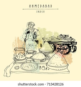 Spice market in Ahmedabad, Gujarat, India. Old Indian man wearing traditional attire with a turban. Travel art. Vintage hand drawn postcard in vector