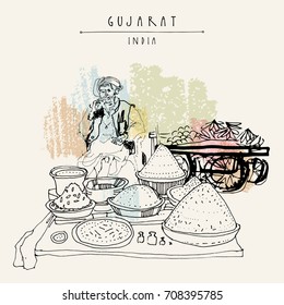 Spice market in Gujarat, India. Old Indian man wearing traditional attire with a turban. Travel sketch. Vintage hand drawn postcard in vector